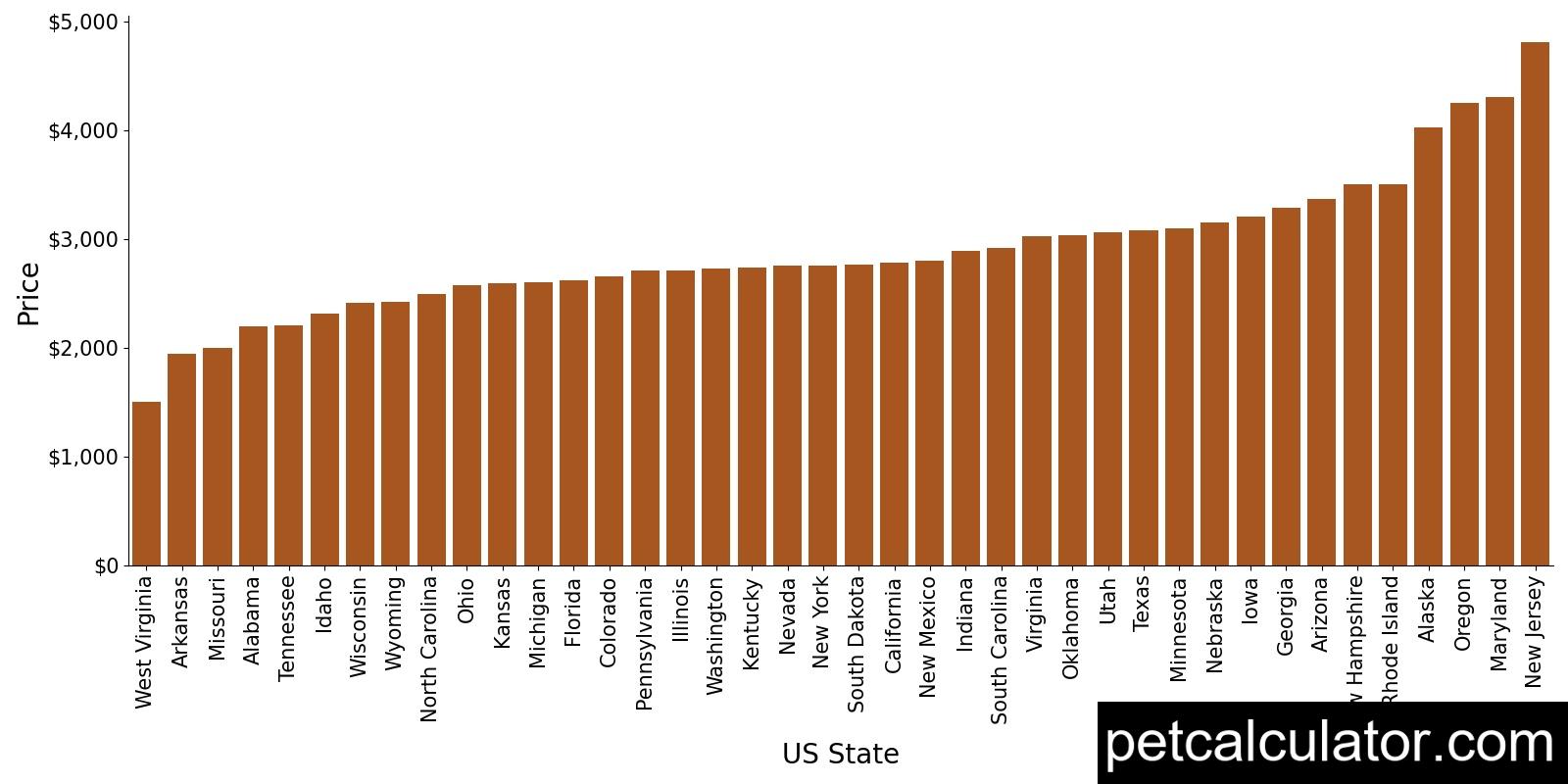 Price of Bernedoodle by US State 